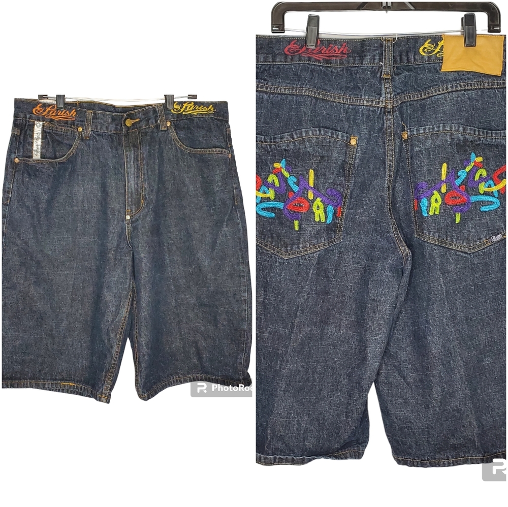 Parish Mens Embellished Dark Blue Denim Jean‎ Shorts size 38 Embroidery Pockets